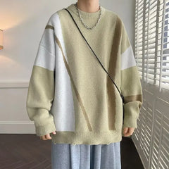 Threebooy Sweater Color Contrast Round Neck Sweater Loose and Handsome Casual Knitwear Hong Kong Style Youth Knitwear New Trend