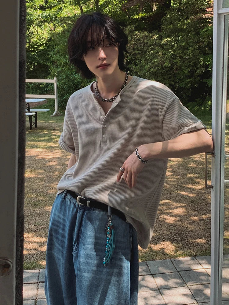 Threebooy Korean Simple Elegant Short-sleeved T-shirt Men's Summer Loose Casual Half-sleeved T-shirt High-end Commuting Outfit Chic Tees