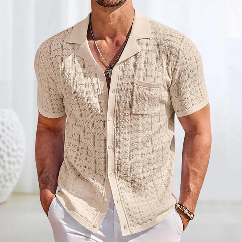 Threebooy Summer New Trend Men Fashion Polo Shirt Luxury Hollow Out Knit T-shirt American Style Textured Short Sleeve Casual Cardigan Tops