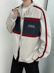 Threebooy Retro Contrast Jacket Motorcycle Suit Suede Stand Collar Jacket Men's High-end Outdoor Niche Bomber Jacket Baseball Uniform Suit