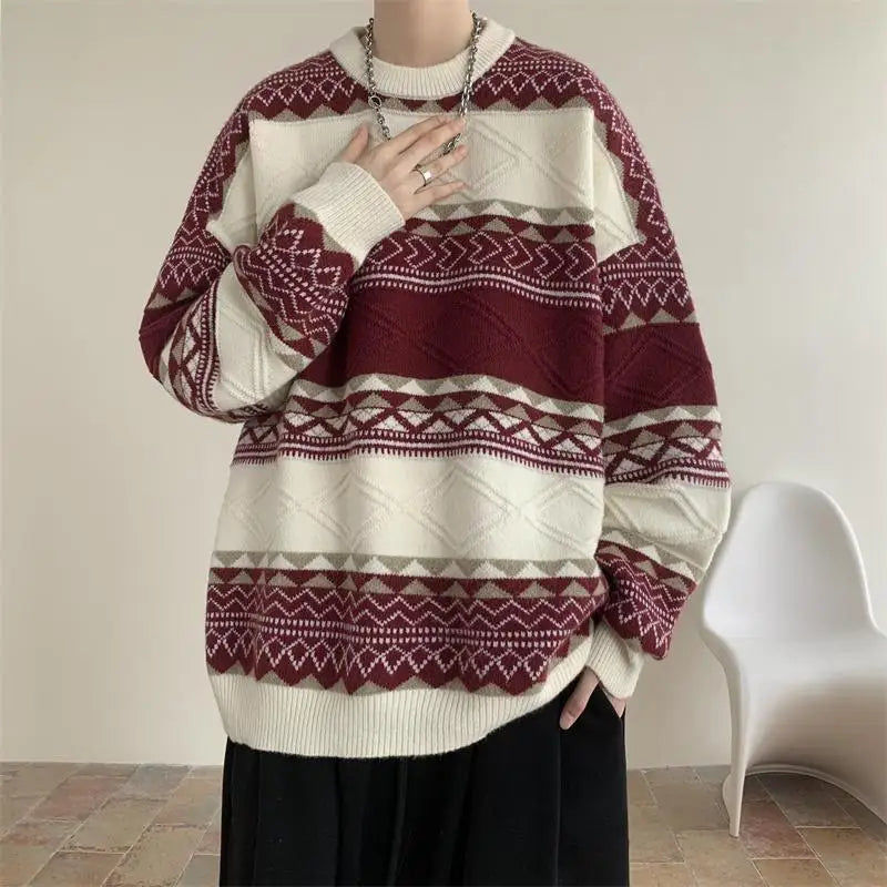 Threebooy Autumn and Winter Round Neck Sweater for Men Casual Trendy Brand Streamer Lazy Style Contrast Striped Knitted Sweater