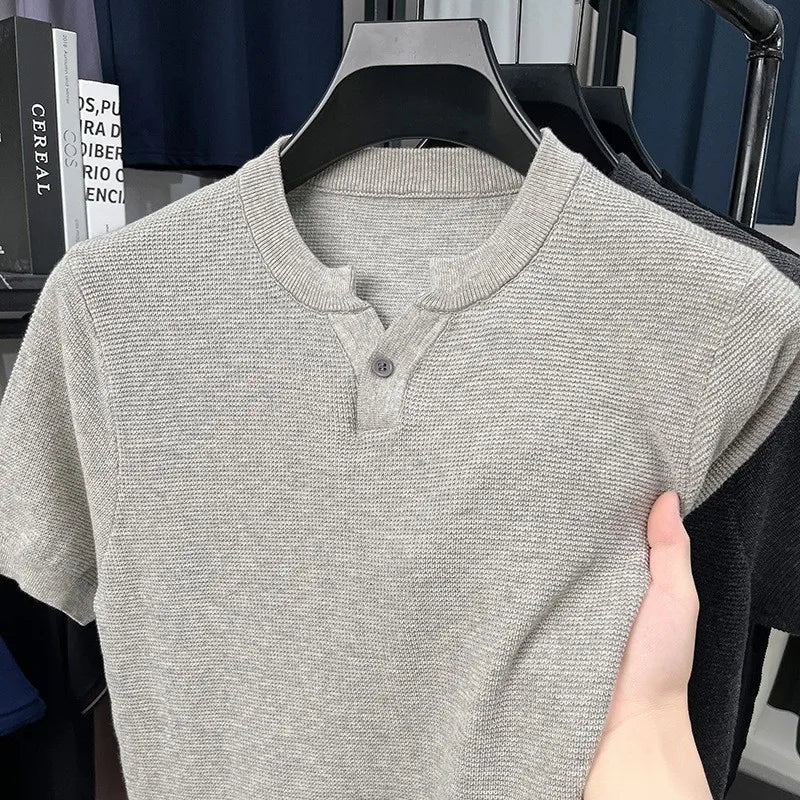 Threebooy  New Men Luxury Chinese O Collar T-Shirt Leisure Slim Button-down Solid Color Short Sleeve Tops Summer Breathable Basic Knitwear