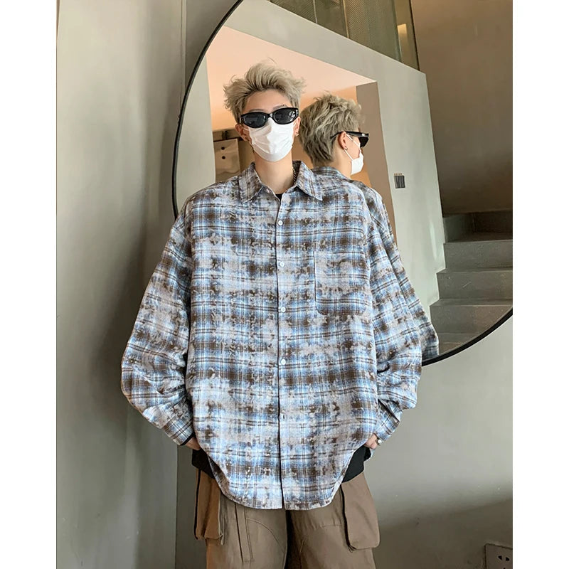 Threebooy Men Shirt Plaid Tie-dye Long Sleeve Mens Casual Loose Shirt Autumn High Quality Oversized Male Checked Shirt Red/Blue/Gray