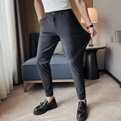 Threebooy Men's Summer Ice Silk Leisure Suit Trousers /Male Slim Fit High Quality Elastic Force Suit Pants Ankle Length Pant Korean