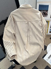 Threebooy  Retro Striped Men's Shirt Jacket Loose Fit Long Sleeve with Tie Spring Autumn Design Polyester Fiber Versatile All Seasons