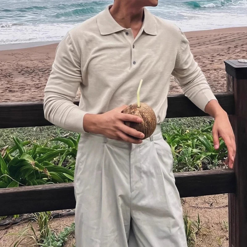 Threebooy  New Korean Fashion Men Polo Sweater Light Luxury Knitted Solid Color Long Sleeve Pullover Premium Quality Skin-friendly Knitwear