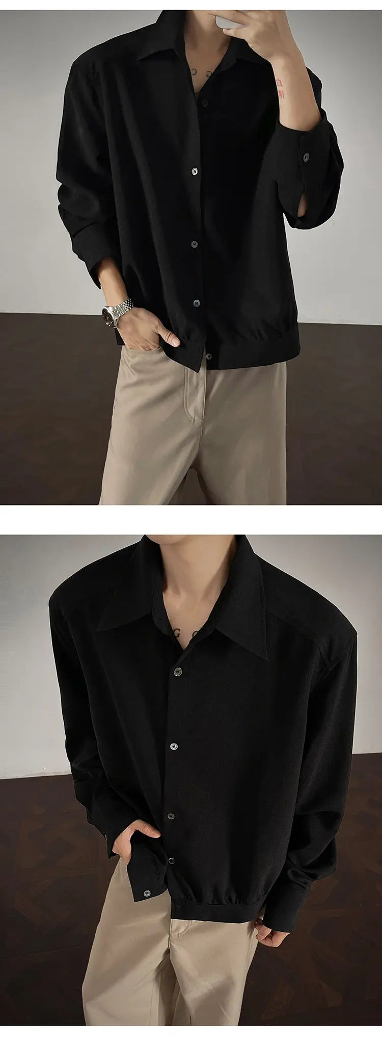 Threebooy Shirt men Korean Style Loose Fit Square Neck Plain Color Long Sleeve Shirt Man Autumn New Trendy Youth Dance Shirts Oversized