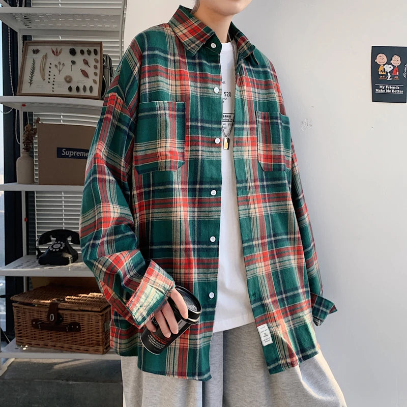 Threebooy Long Sleeved Shirt Men Oversized Fashion Retro Plaid Shirt Men Streetwear Loose Casual Shirt Mens Vintage Shirts Plus Size 5XL