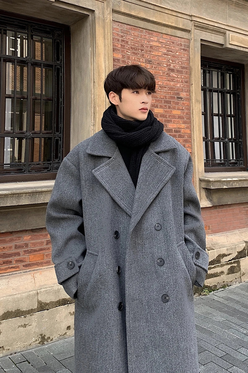 Threebooy Winter High Quality Woolen Trench Coats Men Korean Style Luxury Male Casual Trenchcoat Men's Streetwear Gray/Khaki/Black