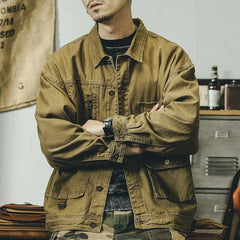 Threebooy American Workwear Retro Denim Jacket Korean Style Men Fashion Spring Autumn Loose Casual Amei Kaji Tough Guy Hunting Jacket Men
