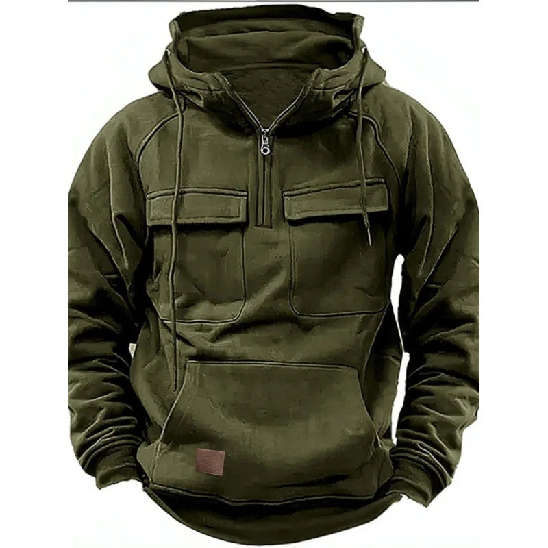 Threebooy Spring Autumn New Men's Hooded Solid Color Sweatshirt Multi Pocket Leather Patch Sports Coat