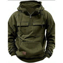 Threebooy Spring Autumn New Men's Hooded Solid Color Sweatshirt Multi Pocket Leather Patch Sports Coat