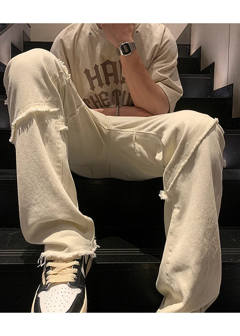 Threebooy New Spring Jeans Loose-fit Straight-leg Sporty Workwear Pants Hong Style Washing Jeans For Men