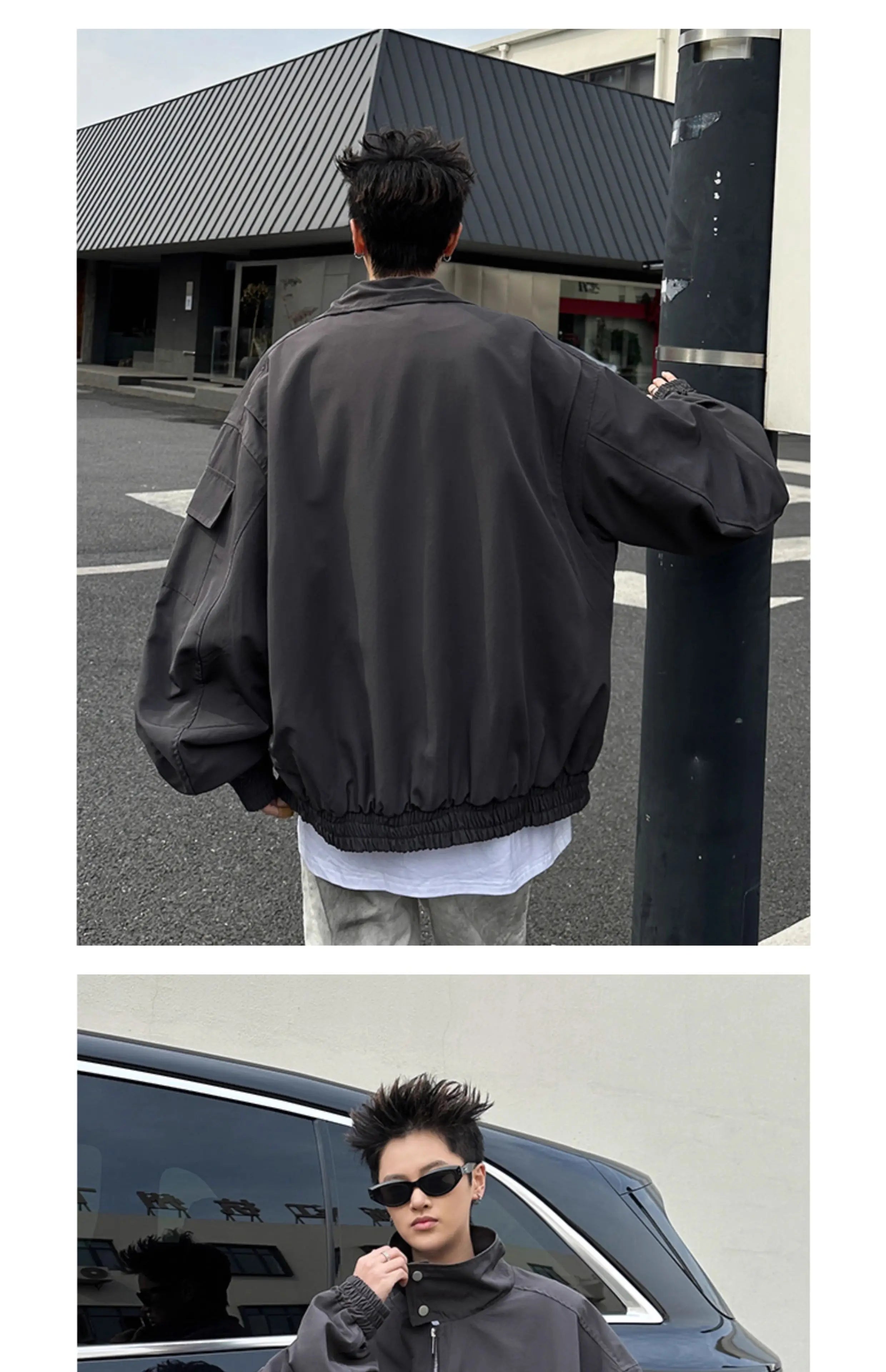 Threebooy Outdoor Work Jacket Men's Spring Autumn American Retro Zipper Coat Silhouette Bomber Handsome High Street Flying Work Jacket
