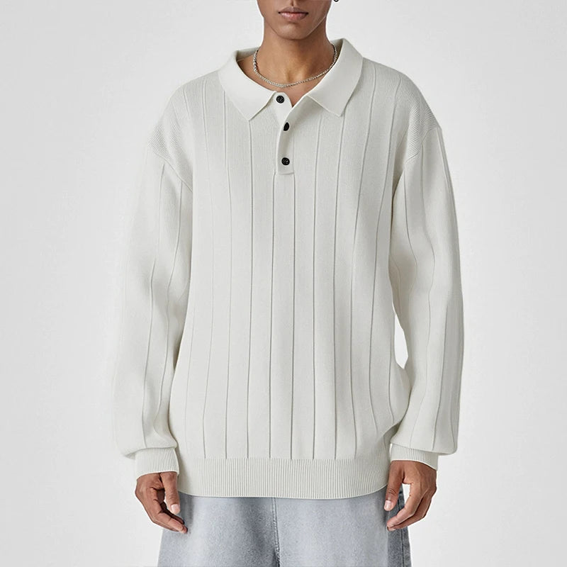 Threebooy  New British Retro Men Polo Neck Sweater Light Luxury Knit Loose Long Sleeve Pullover Casual Solid Color Premium Knitwear M-3XL