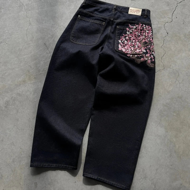 Threebooy  Y2K Baggy jeans Cherry Blossom Selvedge Embroidery Denim Pants men women denim fabric American Hiphop Streetwear Wide Leg Jeans