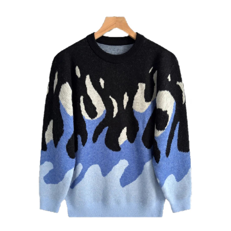 Threebooy  New Korean Trendy Men Sweaters Light Luxury Knitted Color Clashing O Neck Long Sleeve Pullover Casual High Street Knitwear M-3XL