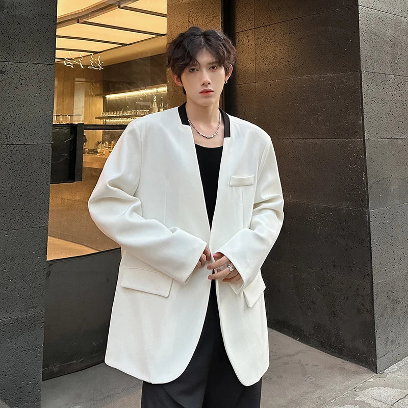 Threebooy Black/White Men Blazer Collarless Contrast Color Streetwear One Button Long Sleeve Fashion Men Casual Suit Jacket 3XL-M