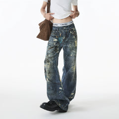 Threebooy Jean Men Unique Design Graffiti Street Style Drag Jeans Urban Trendy Fashion Distressed Long Fit Casual Denim Pants Edgy Hip Hop