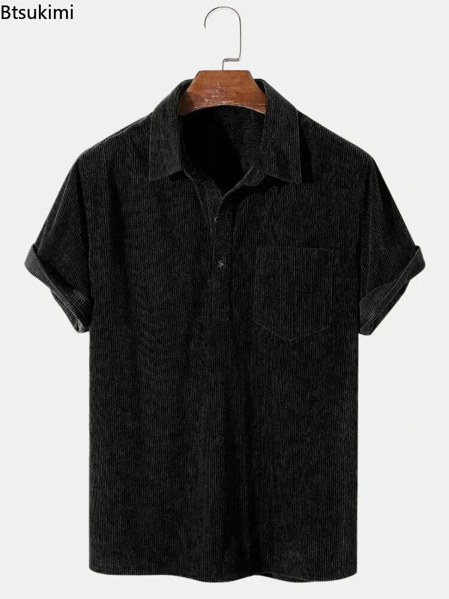 Threebooy  New 2025 Men's Summer Corduroy Short Sleeve Shirt Fashion Casual Streetwear Solid Lapel Loose Pullover Retro Simple Tops for Men
