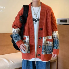 Threebooy  New Autumn and Winter Fashion Academy Style V-neck Printed Single Breasted Loose Casual Oversize Men's Sweater Cardigan