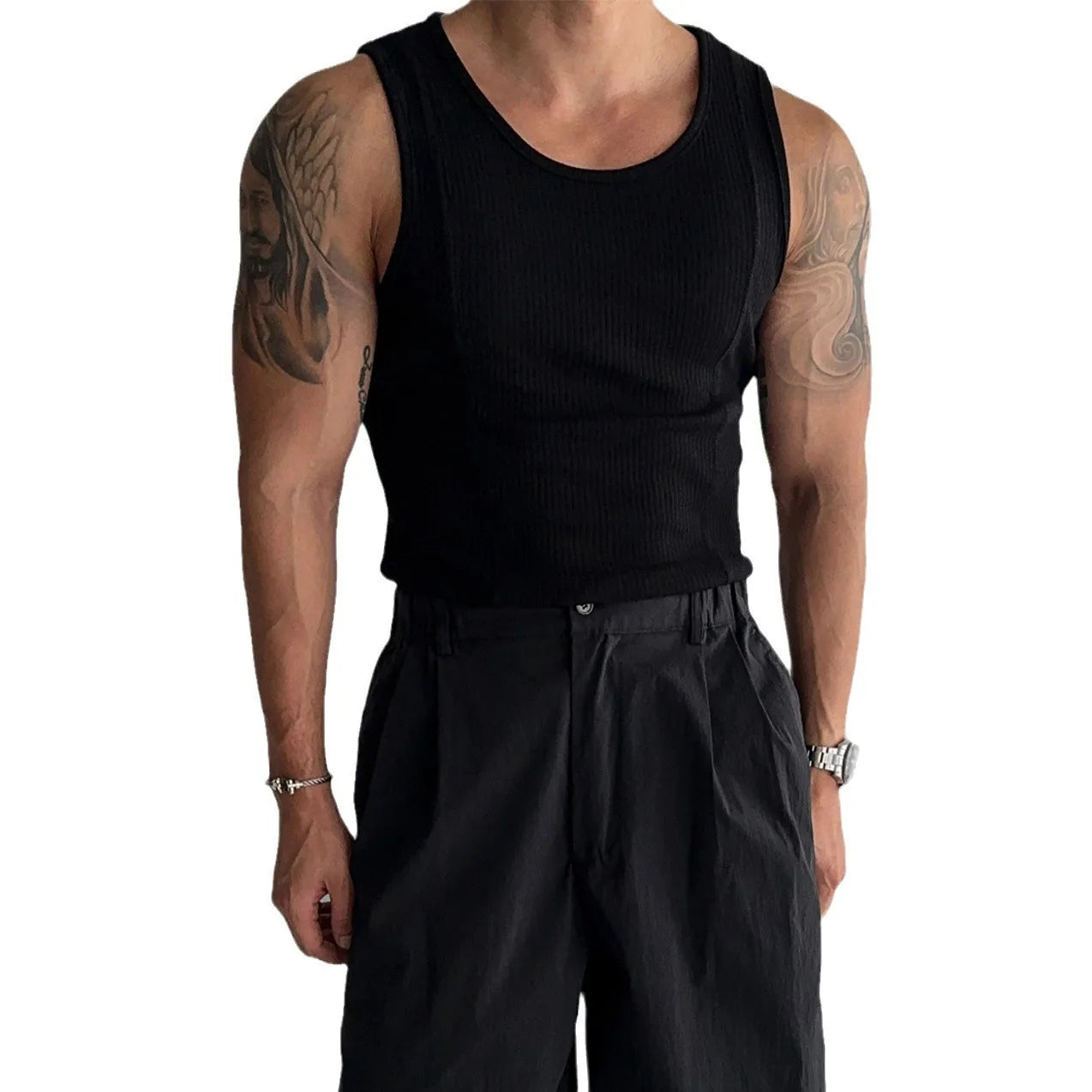 Threebooy Summer Men Striped Stretch Tight Sweatshirt Vest Running Cross Shaped T-shirt For Fitness Sleeveless Tank Top