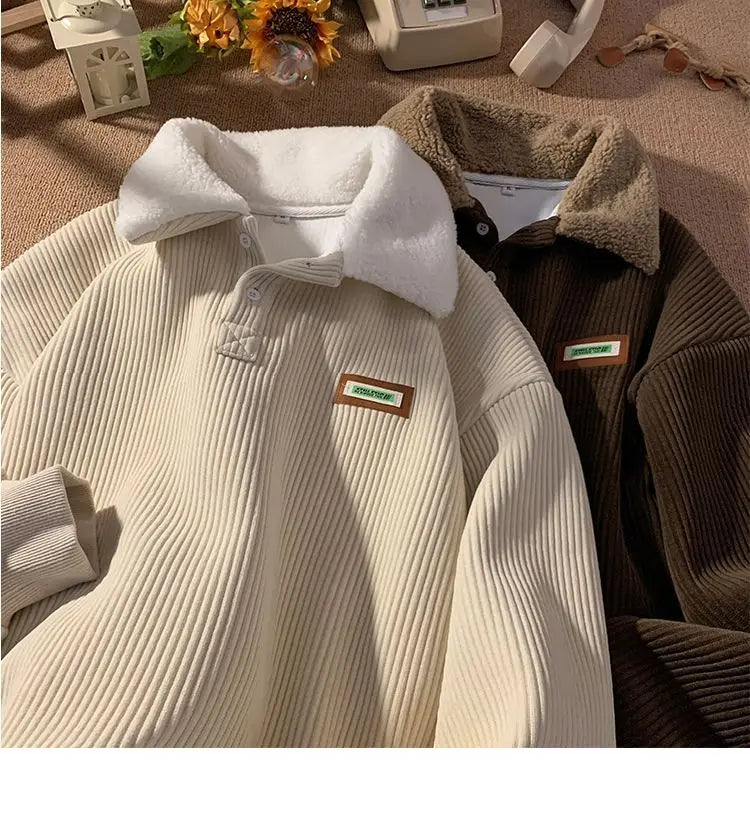 Threebooy Men's Corduroy Polo Shirt Sweater Women's Autumn Winter Fleece Thick Coat Turndown Collar Buttons Long Sleeves Warm Tops