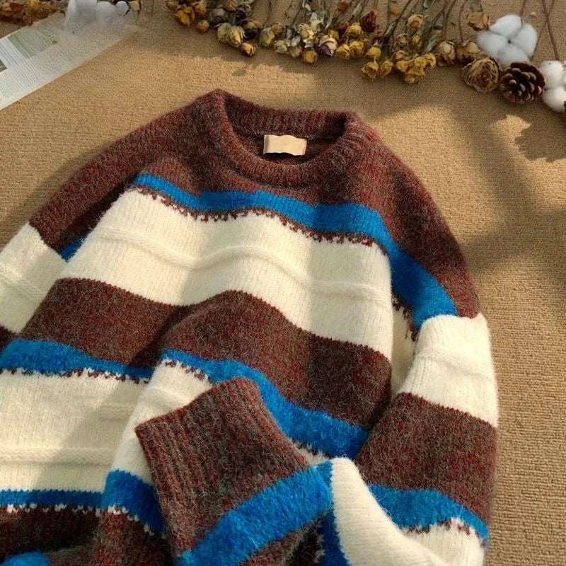 Threebooy Vintage Striped Sweater Men's Book Winter Contrasting Lazy O-neck Knitted Sweater Youth American Base Pullover Men Clothing