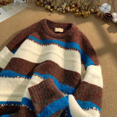 Threebooy Vintage Striped Sweater Men's Book Winter Contrasting Lazy O-neck Knitted Sweater Youth American Base Pullover Men Clothing