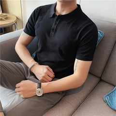 Threebooy Summer Short Sleeve Ice Silk Men Polo Shirts Business Fashion Turn Down Collar Slim Fit Casual Knitted Tee Shirt Homme 3XL