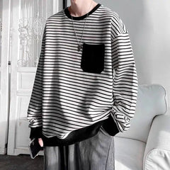 Threebooy Men Trendy Striped Patchwork Streetwear Y2K Oversize Basic T-shirt Japanese Style Round Neck Long Sleeve Cotton Tops Ropa Hombre