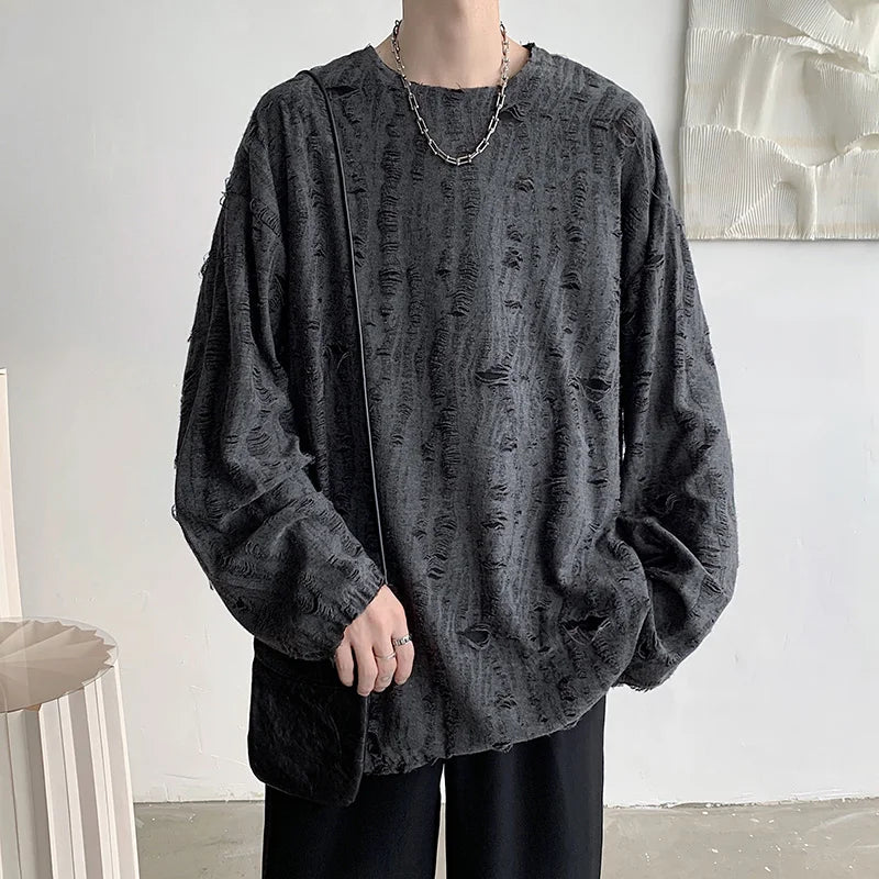 Threebooy Spring Summer Men Hole T Shirts Harajuku Hip Hop Long Sleeve Oversized Tshirts Male Korean Fashion Tee Tops Plus Size 3XL
