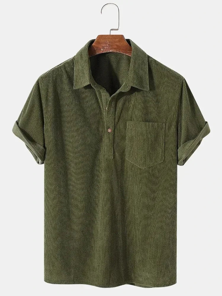 Threebooy  New 2025 Men's Summer Corduroy Short Sleeve Shirt Fashion Casual Streetwear Solid Lapel Loose Pullover Retro Simple Tops for Men