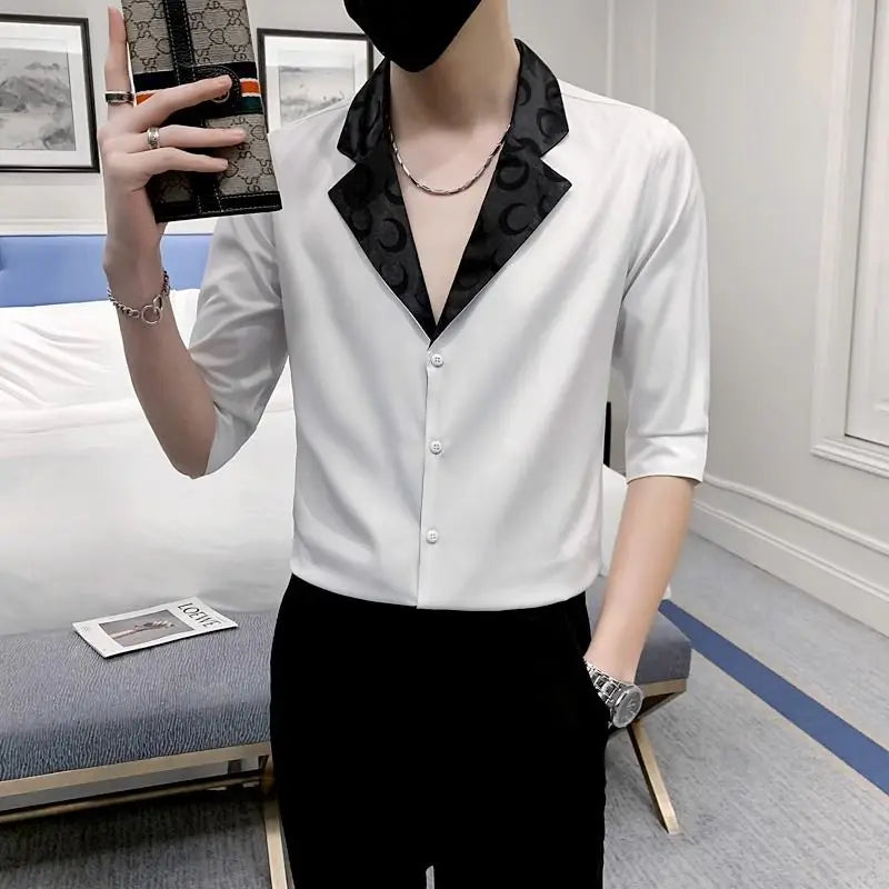 Threebooy  New Handsome Thin Fashion Casual High-end Sense Five-point Sleeve Shirt Trendy Versatile Personalized Men's Shirt