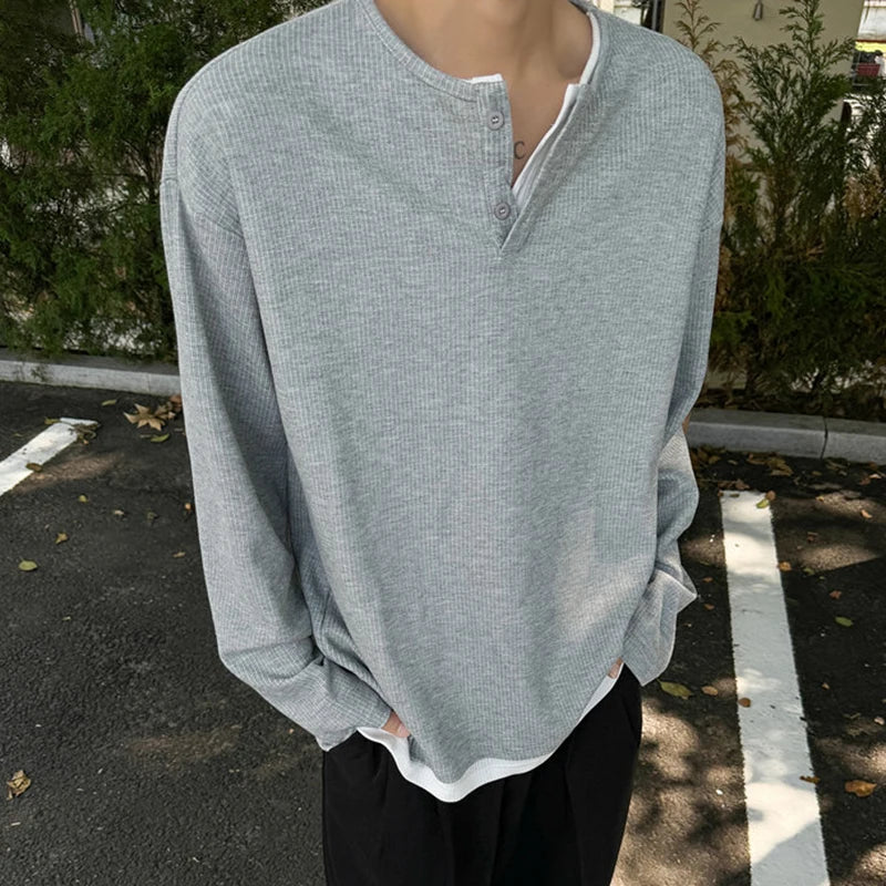Threebooy  Simpel Men's T-shirts Double Layer Patchwork Round Collar Contrast Color Casual Tops Long Sleeve Knitting Male Tees