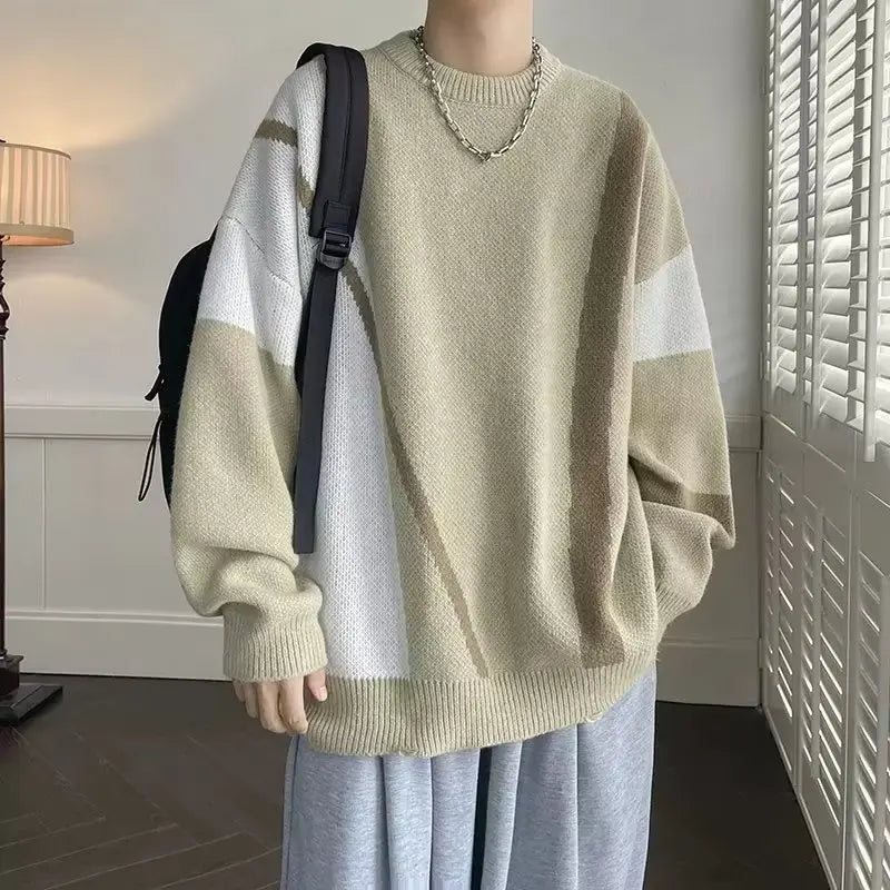 Threebooy Sweater Color Contrast Round Neck Sweater Loose and Handsome Casual Knitwear Hong Kong Style Youth Knitwear New Trend