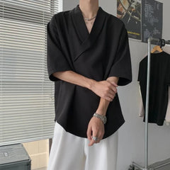 Threebooy Summer Black White Pullover Shirt Men Fashion Oversized Casual Shirt Men Korean Loose Short Sleeve Shirts Mens Dress Shirt XS