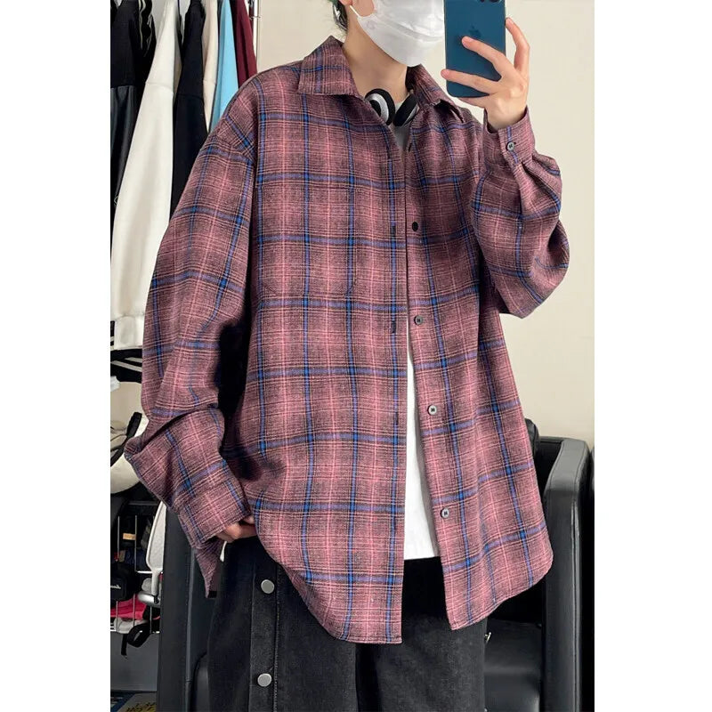 Threebooy Spring Long Sleeved Shirt Men Oversized Retro Plaid Shirt Men Japanese Streetwear Loose Casual Shirt Mens Black Vintage Shirts