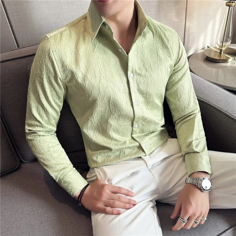 Threebooy  Men Spring High Quality Jacquard Design Casual Long-sleeved Shirts/Male Slim Fit Lapel High Quality Business Shirt Homme