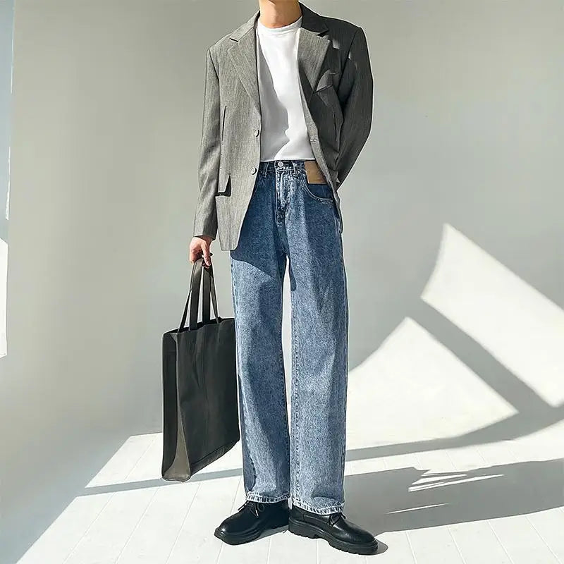Threebooy  Minimalist Style High-end Jeans Men's Trousers Solid Color Loose Straight Denim Pants Male Draped Dark Blue Trousers