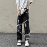 Threebooy American Style Fringed Denim Pant Tide Small Group Stitching Harajuku Wind Loose Stitching Burr High Street Casual Y2k Pants Men