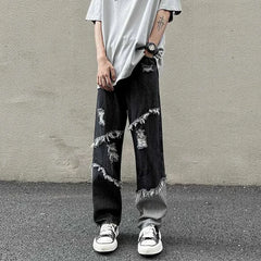 Threebooy American Style Fringed Denim Pant Tide Small Group Stitching Harajuku Wind Loose Stitching Burr High Street Casual Y2k Pants Men