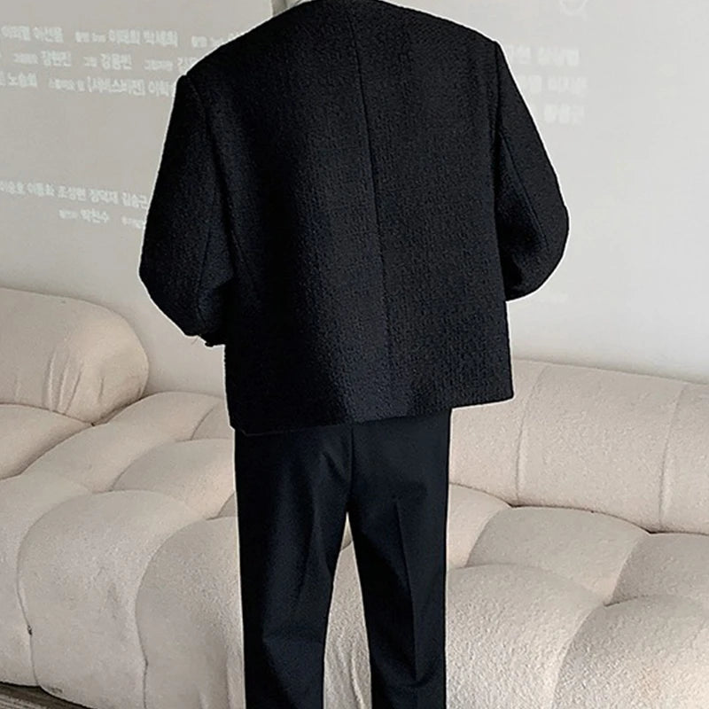 Threebooy Korean Style Fashionable Tweed Round Neck Jacket Men Japanese Trendy High-end Single-breasted Short Jacket with Temperament