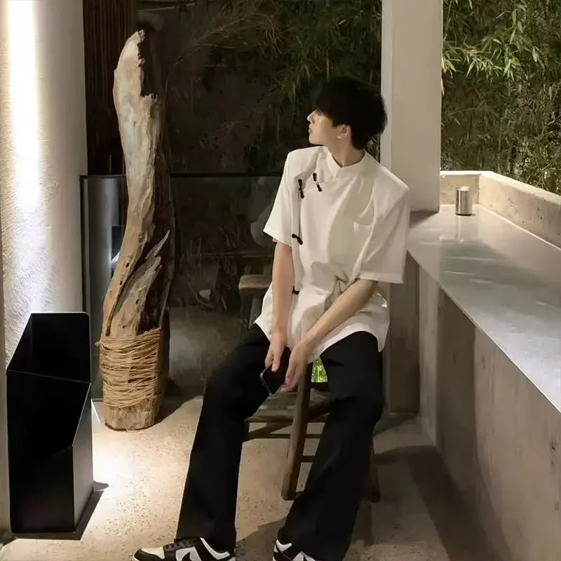 New Chinese Style Men's Short Sleeve Shirt Tang Suit Chinese Folk Short Sleeve Shirt Half Vest Style Clothing