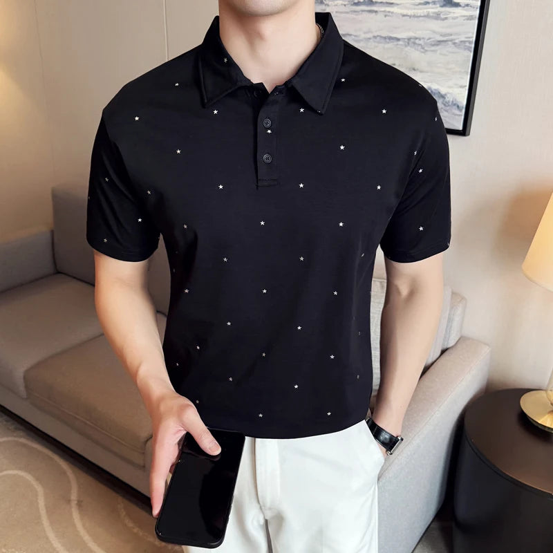 Threebooy  Summer Star Glitter Men's Short Sleeved Polo Shirt Korean Fashion Lapel Casual T-shirt Breathable Business Office Social Tee Top