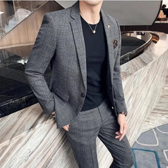 Threebooy 6XL 7XL (Blazer+Pants) Brand Men's Formal Business Suits Two-Piece Set Groom Wedding Party Dress Solid Color Plaid Tuxedo Jacket