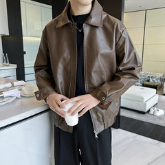 Threebooy  New Autumn Men's Casual Textured PU Leather Jacket High Street Zip-up Turn-down Collar Solid Color Long Sleeve Retro Coats M-3XL