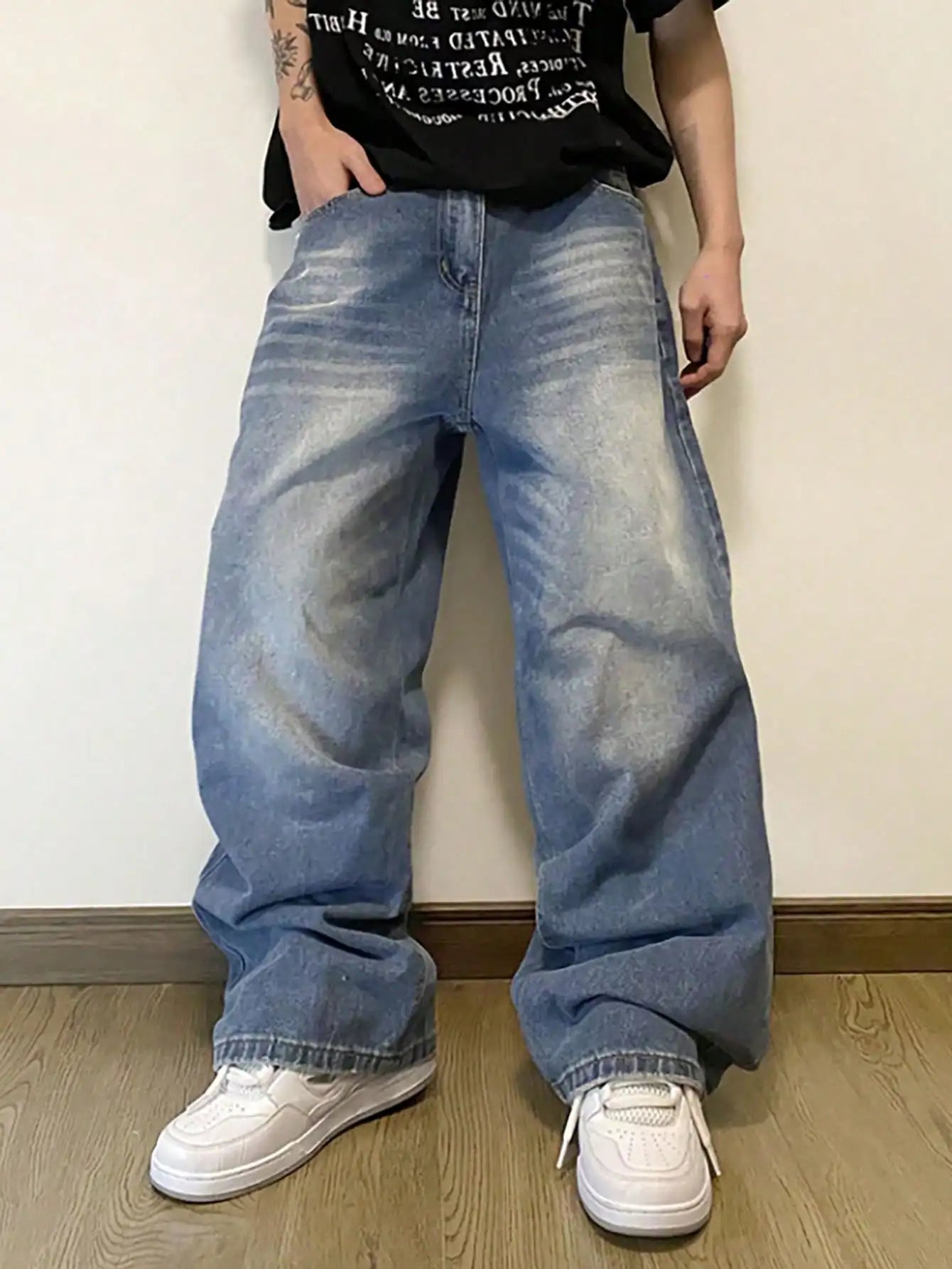 Threebooy  Summer Men's Denim Pants Old Blue Washed Male Baggy Jeans Four Seasons Straight Casual Menwear Loose Wide Leg Trousers Fashion