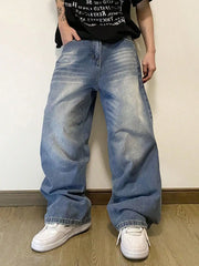 Threebooy  Summer Men's Denim Pants Old Blue Washed Male Baggy Jeans Four Seasons Straight Casual Menwear Loose Wide Leg Trousers Fashion