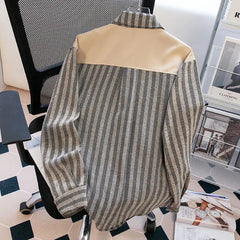 Threebooy Japanese Spring/Autumn Retro Stripe Fake Two Piece Splicing workwear Shirt for Men and Women Loose Couple Retro Casual Top y2k
